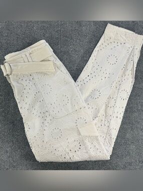 EXPRESS White Eyelet Cotton Cargo Trousers 8L High Rise Coastal Cottagecore Boho